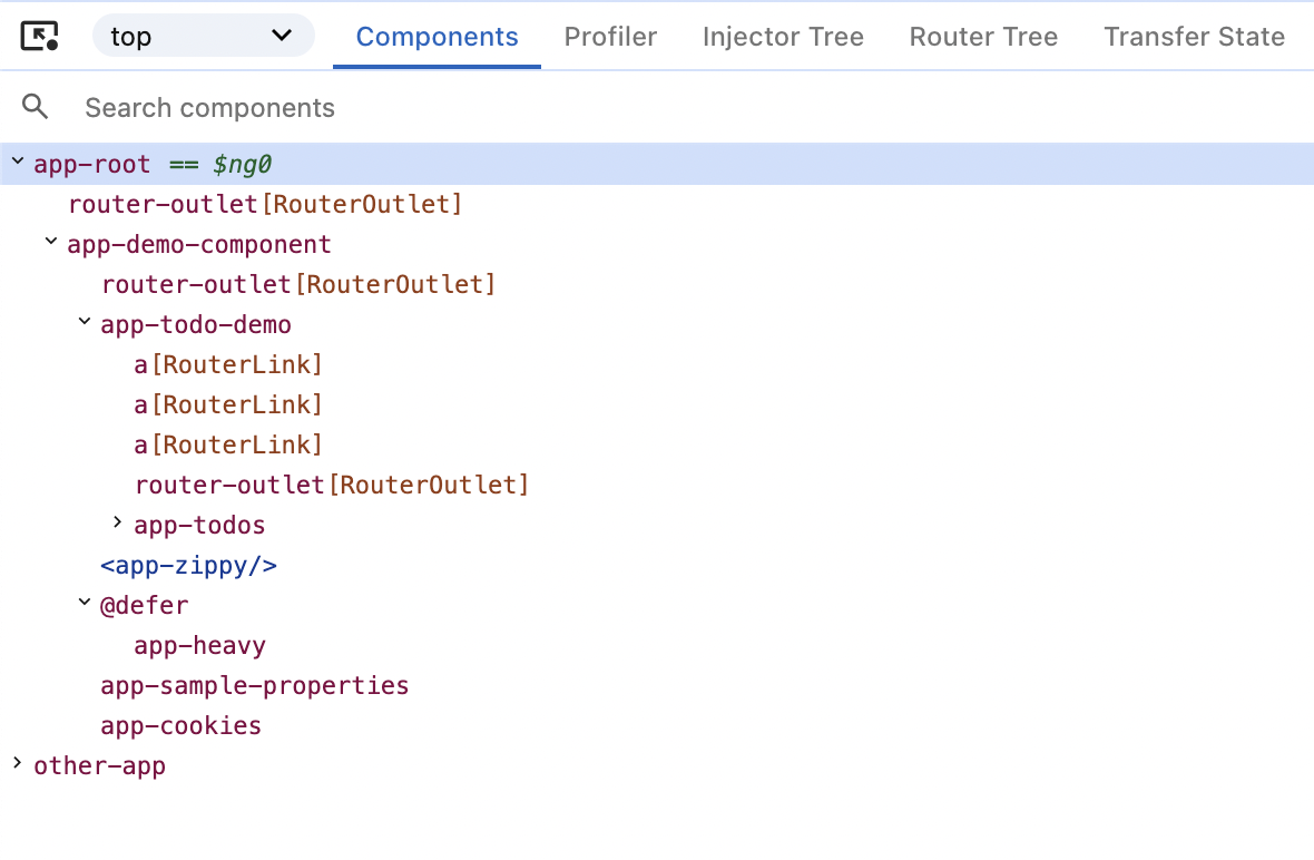 A screenshot of the 'Components' tab showing a tree of Angular components and directives starting the root of the application.
