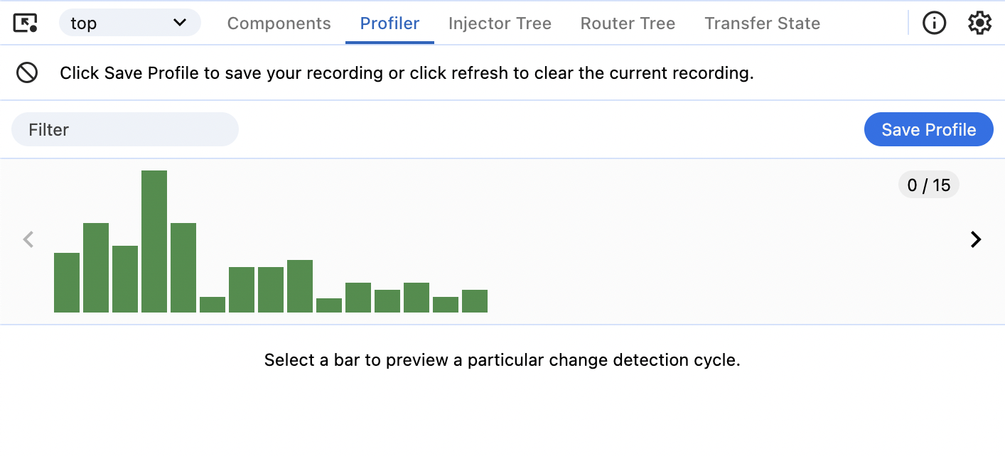 A screenshot of the 'Profiler' tab after a profile has been recorded or uploaded. It displays a bar chart illustrating various change detection cycles with some text which reads 'Select a bar to preview a particular change detection cycle'.