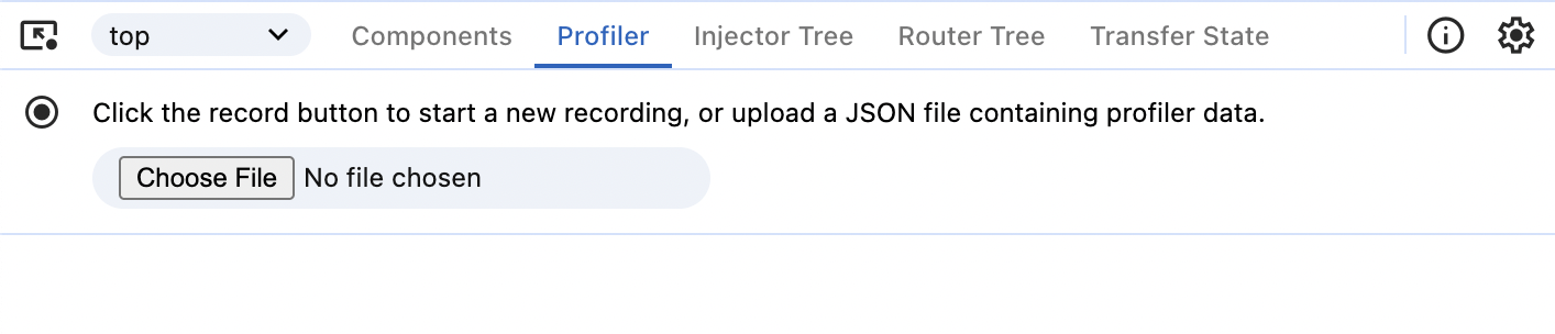 A screenshot of the 'Profiler' tab which reads 'Click the play button to start a new recording, or upload a json file containing profiler data.' Next to this is a record button to begin recording a new profile as well as a file picker to select an existing profile.